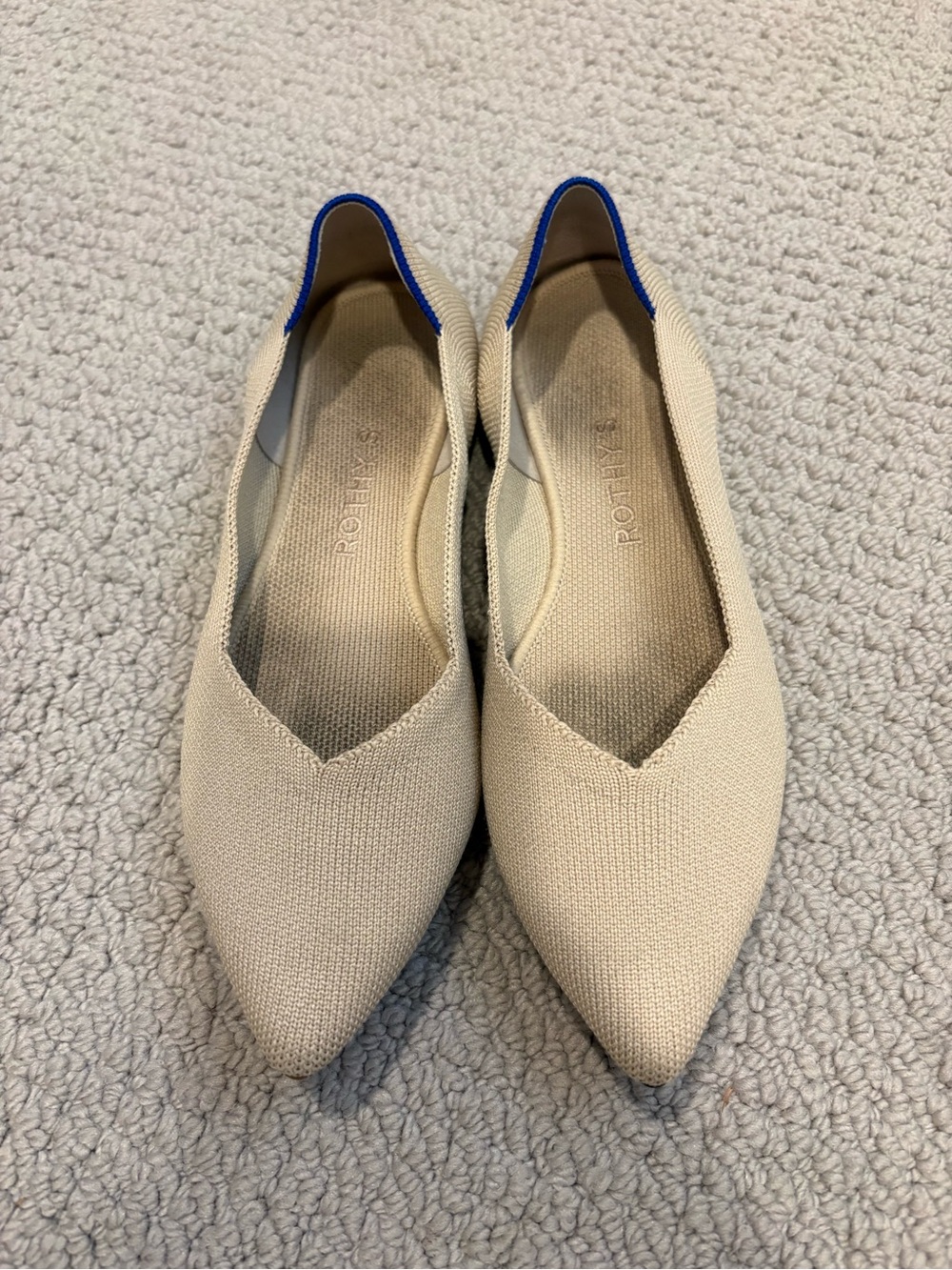Rothy's Cream Point Knit Flats with Blue Trim